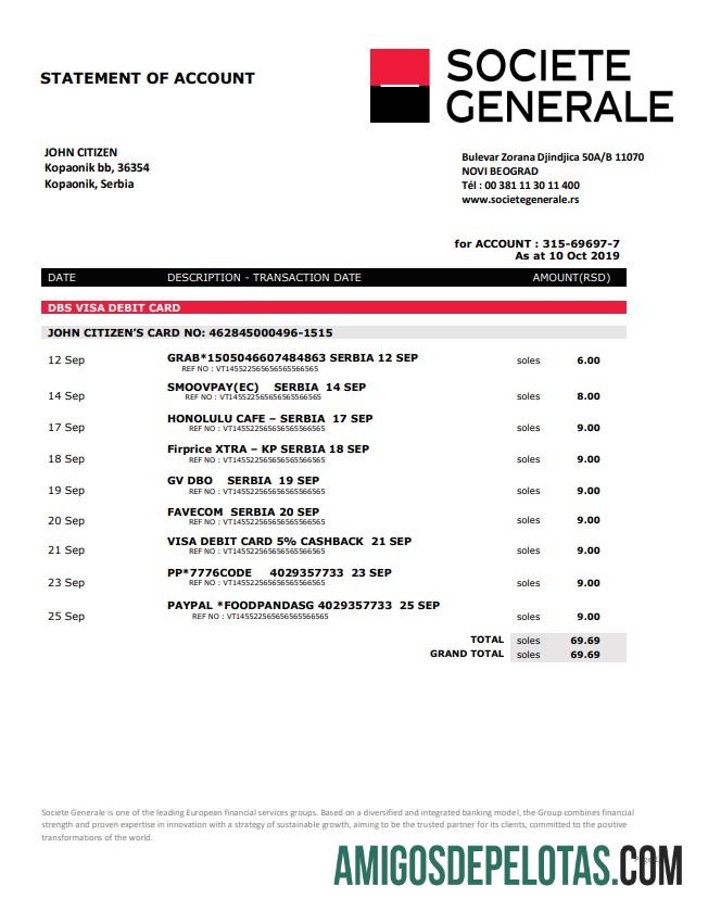 em branco Sérvia Societe Generale Bank Modelo de comprovante de endereço em formato Word e PDF